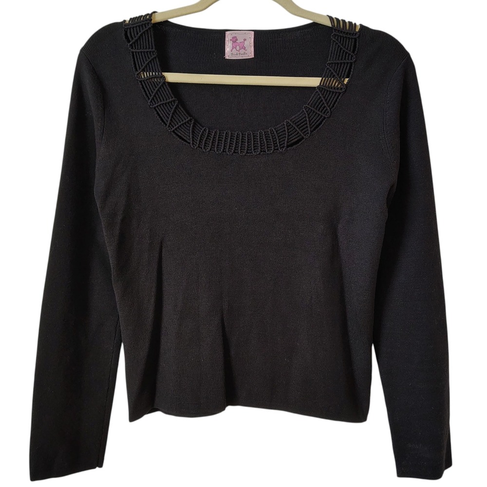 Vintage‎ Pink Poodle Womens Top Black Knit Rope Detail Long Sleeve Trendy